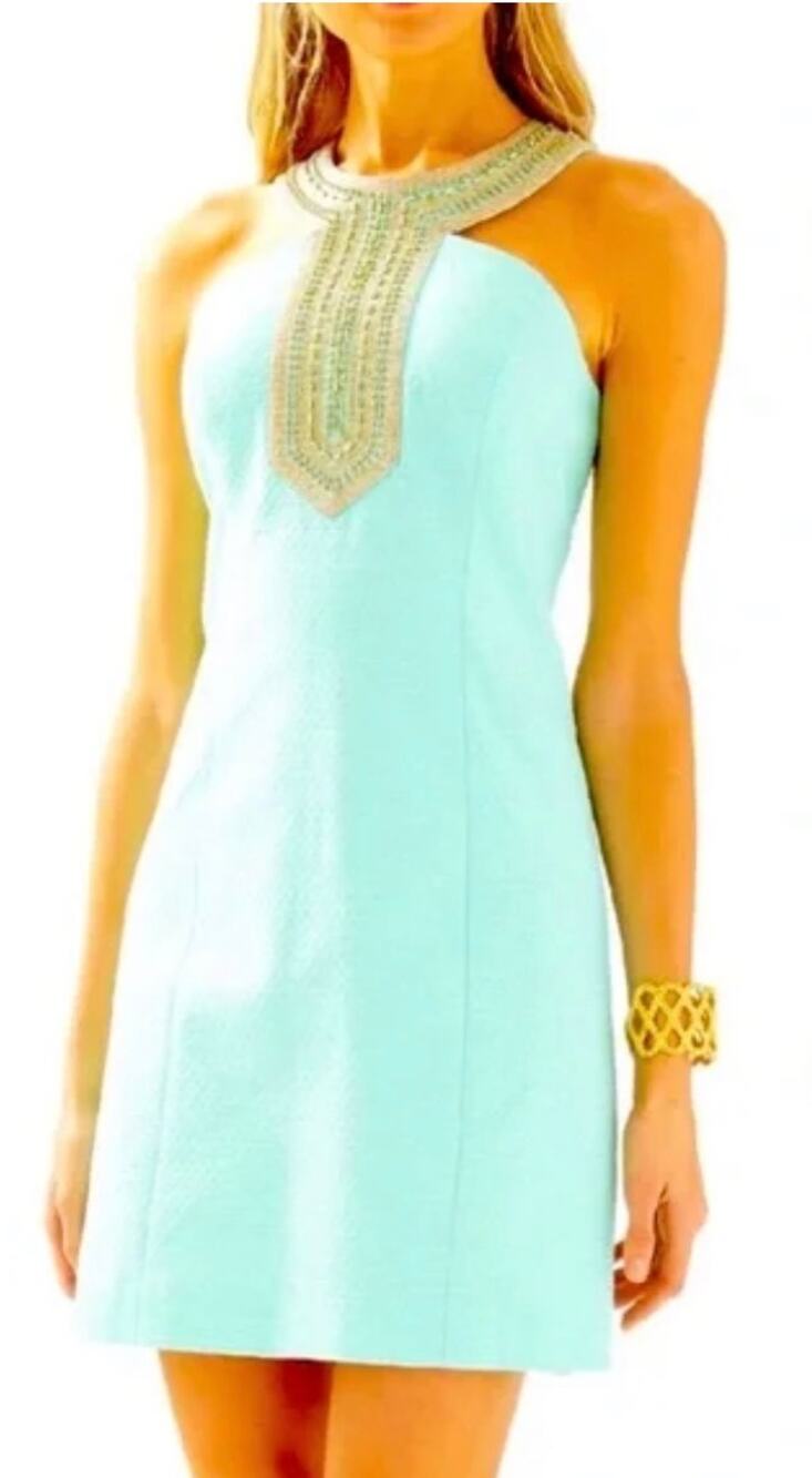 Lilly Pulitzer Adelina Shift Dress Poolside Blue Gold Beaded Size 10